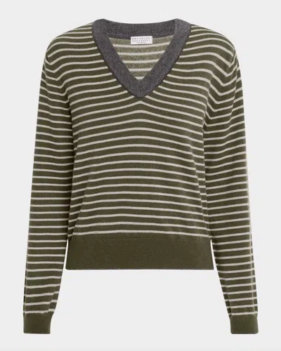 Brunello Cucinelli Striped Wool-cashmere V-neck Sweater In Green
