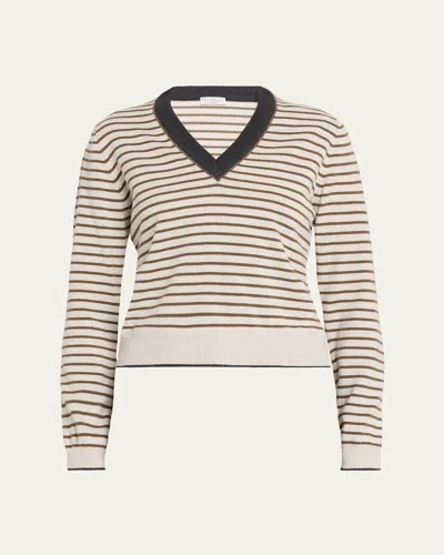 Brunello Cucinelli Striped Wool-cashmere V-neck Sweater In Neutral