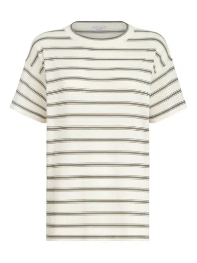 Brunello Cucinelli Short Sleeve Striped Wool Crewneck Sweater In Neutral