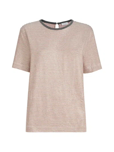 Brunello Cucinelli Linen T Shirt Contrast Neck Striped Design In Pink