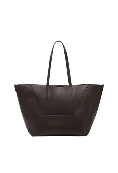 Brunello Cucinelli Structured Brown Leather Shoulder Bag