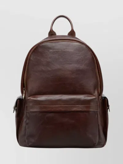 Brunello Cucinelli Structured Leather Backpack With Zip And Flap Pockets In Burgundy