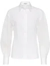 BRUNELLO CUCINELLI STUNNING WHITE STRETCH COTTON POPLIN SHIRT WITH LIGHT KNIT SLEEVES AND NECKLACE