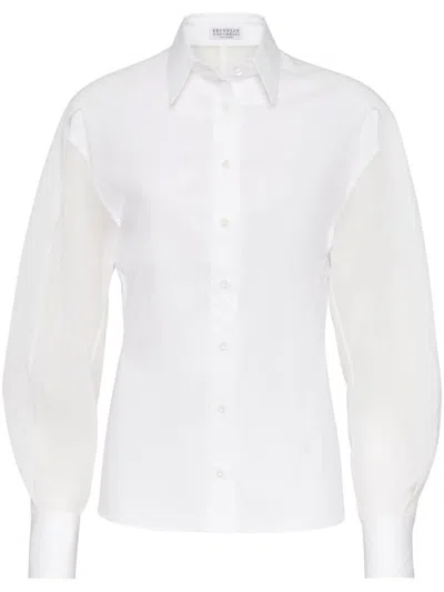 Brunello Cucinelli Stunning White Stretch Cotton Poplin Shirt With Light Knit Sleeves And Necklace