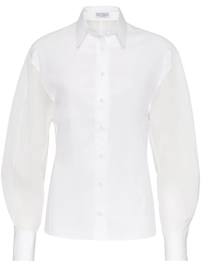 BRUNELLO CUCINELLI STUNNING WHITE STRETCH COTTON POPLIN SHIRT WITH LIGHT KNIT SLEEVES AND NECKLACE