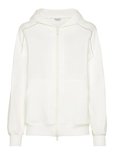 Brunello Cucinelli Sweatshirt With Jewelry Decoration And Hood In White