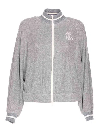 Brunello Cucinelli Logo Zipped Sweatshirt In Silver