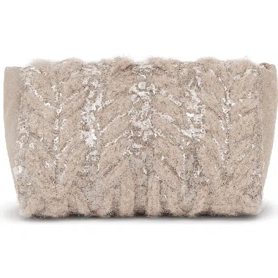 Brunello Cucinelli Suede And Alpaca Clutch Bag With Dazzling Fern Embroidery In Neutrals