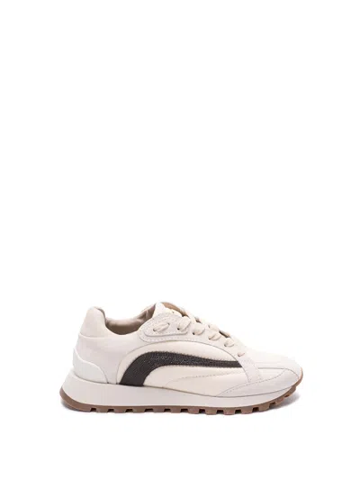 BRUNELLO CUCINELLI SUEDE AND BONDED COTTON TWILL SNEAKERS WITH `PRECIO