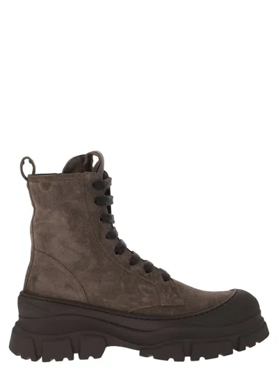 BRUNELLO CUCINELLI BRUNELLO CUCINELLI SUEDE AND CALFSKIN BOOT WITH PRECIOUS TONGUE