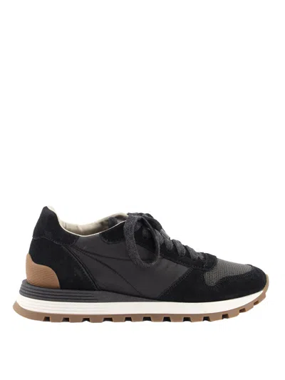 Brunello Cucinelli Suede And Fabric Sneakers In Negro