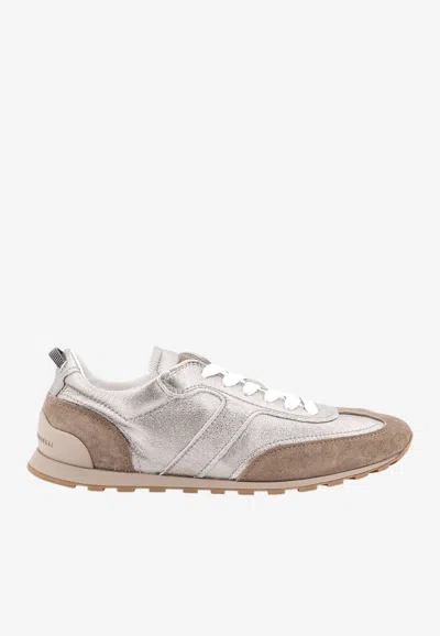 BRUNELLO CUCINELLI SUEDE AND LAMINATED LEATHER LOW-TOP SNEAKERS