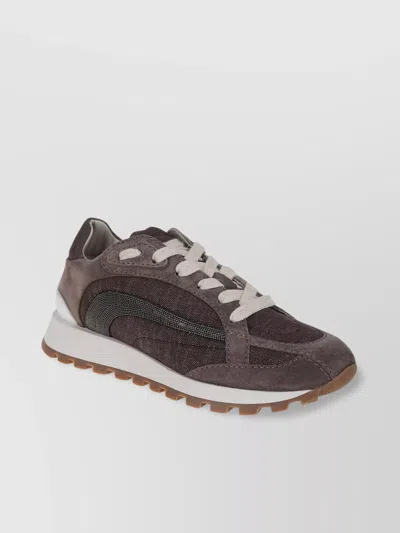 Brunello Cucinelli Suede And Mesh Sneakers With Rubber Sole In Gray