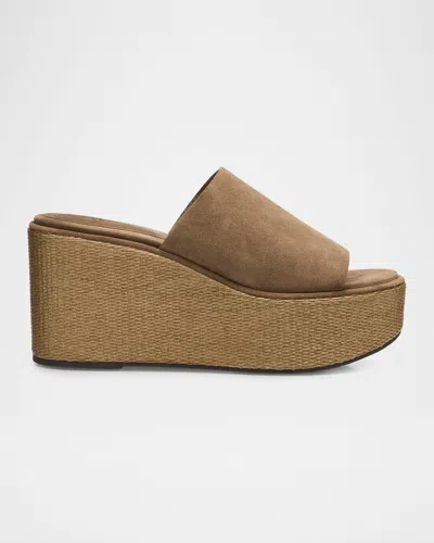Brunello Cucinelli Suede & Raffia Wedge Sandals In Brown