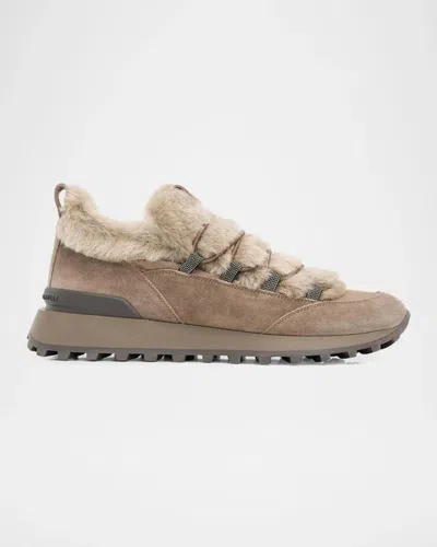 Brunello Cucinelli Suede And Shearling Low-top Sneakers In Brown