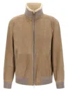 Brunello Cucinelli Men Bomber In Curly Suede Shearling With Cashmere Knit Collar In Brown