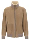 Brunello Cucinelli Men Bomber In Curly Suede Shearling With Cashmere Knit Collar In Brown