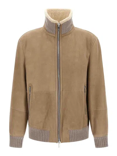 Brunello Cucinelli Beige Suede Curly Shearling Bomber Jacket In Neutral