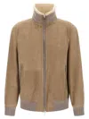 Brunello Cucinelli Men Bomber In Curly Suede Shearling With Cashmere Knit Collar In Brown