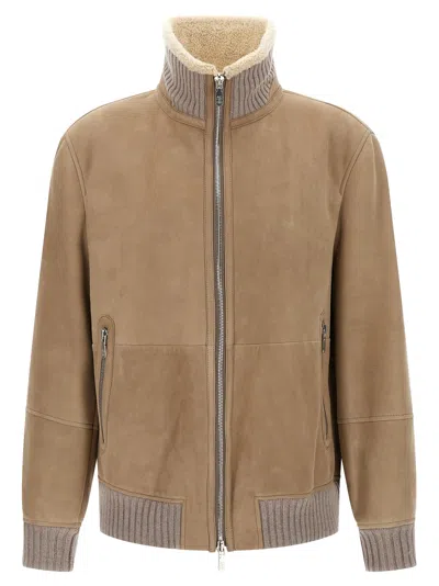 Brunello Cucinelli Suede And Sherling Curly Bomber Jacket Puffer Jackets Beige In Brown