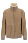 Brunello Cucinelli Men Bomber In Curly Suede Shearling With Cashmere Knit Collar In Sand