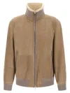 Brunello Cucinelli Men Bomber In Curly Suede Shearling With Cashmere Knit Collar In Brown