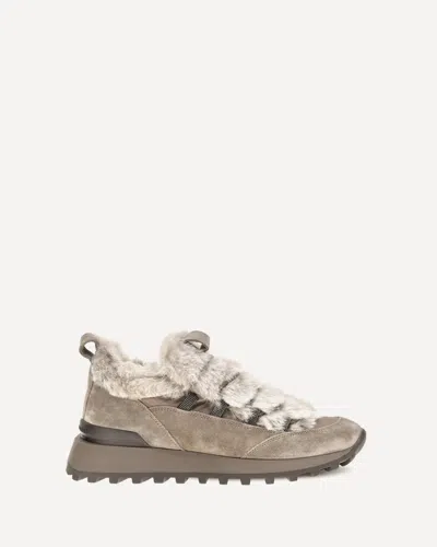 Brunello Cucinelli Suede And Tech Cotton Sneakers With Shearling Lining And Monili Detail In Multi