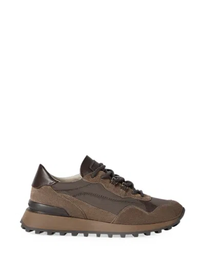Brunello Cucinelli Suede And Techno Cotton Runners With Shiny Detail Sneakers In Brown