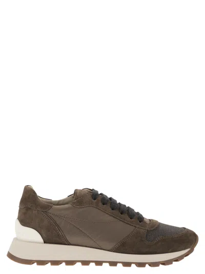 Brunello Cucinelli Suede And Techno Fabric Runners With Precious Toe In Brown