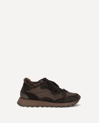 Brunello Cucinelli Suede And Techno Fabric Sneakers With Shearling Lining And Monile In Brown