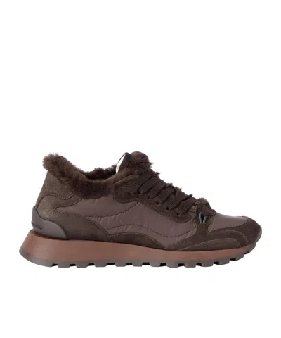 Brunello Cucinelli Suede And Techno-fabric Runners With Shearling Lining And Monili In Brown