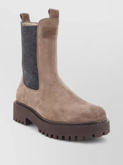 Brunello Cucinelli Suede Ankle Boots Chunky Sole Elastic Panels In Brown