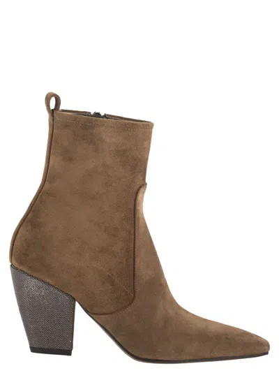 Brunello Cucinelli Suede Ankle Boots With Jewelled Heel In Brown