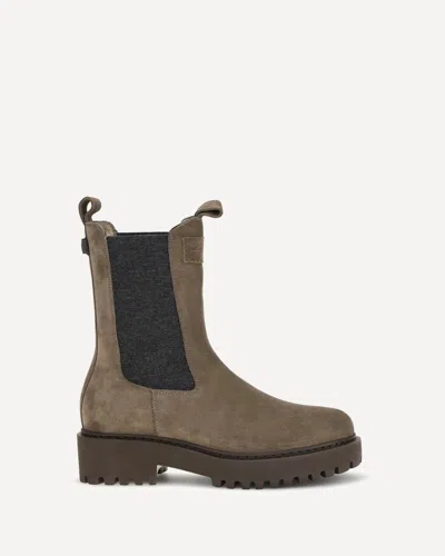 Brunello Cucinelli Suede Ankle Boots With Knit Insert And Precious Loop Detail In Brown