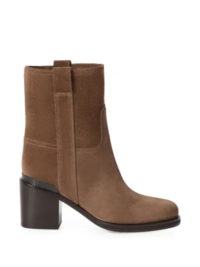 Brunello Cucinelli Suede Ankle Boots With Precious Detail In Brown