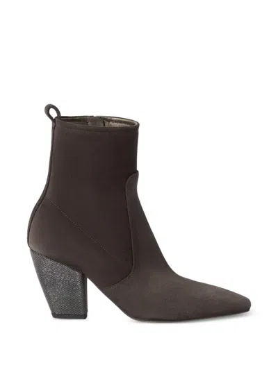 Brunello Cucinelli Suede Ankle Boots With Precious Heel In Brown