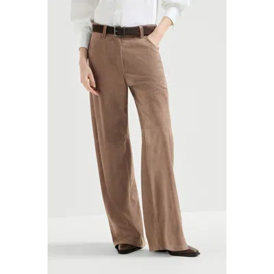 Brunello Cucinelli Suede Baggy Trousers With Monili In Brown