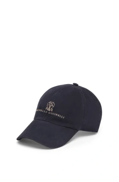 Brunello Cucinelli Suede Baseball Cap With Embroidery In Blue