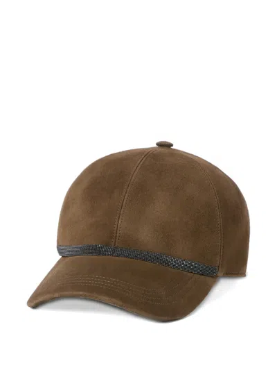 Brunello Cucinelli Suede Baseball Cap With Shiny Band In Brown