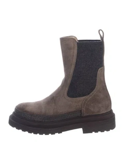 Pre-owned Brunello Cucinelli Suede Beaded Accents Chelsea Boots In Brown
