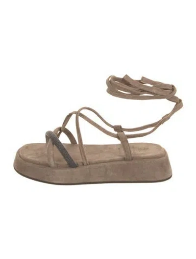 Pre-owned Brunello Cucinelli Suede Beaded Accents Espadrilles In Brown