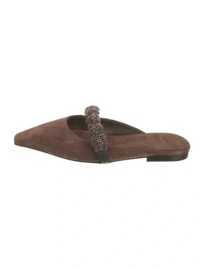 Pre-owned Brunello Cucinelli Suede Beaded Accents Mules In Brown