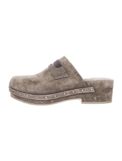 Pre-owned Brunello Cucinelli Suede Beaded Accents Mules In Gray