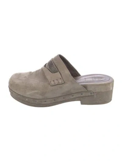 Pre-owned Brunello Cucinelli Suede Beaded Accents Mules In Neutral