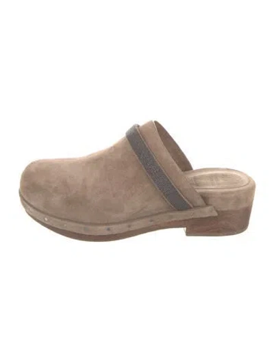Pre-owned Brunello Cucinelli Suede Beaded Accents Mules In Neutral