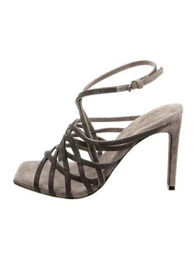 Pre-owned Brunello Cucinelli Suede Beaded Accents Sandals In Gray