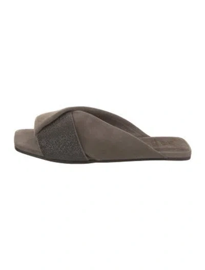 Pre-owned Brunello Cucinelli Suede Beaded Accents Slides In Brown