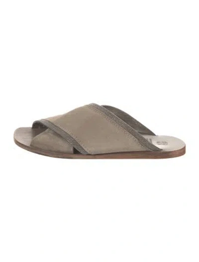 Pre-owned Brunello Cucinelli Suede Beaded Accents Slides In Gray