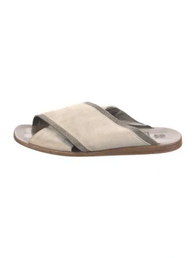 Pre-owned Brunello Cucinelli Suede Beaded Accents Slides In Grey