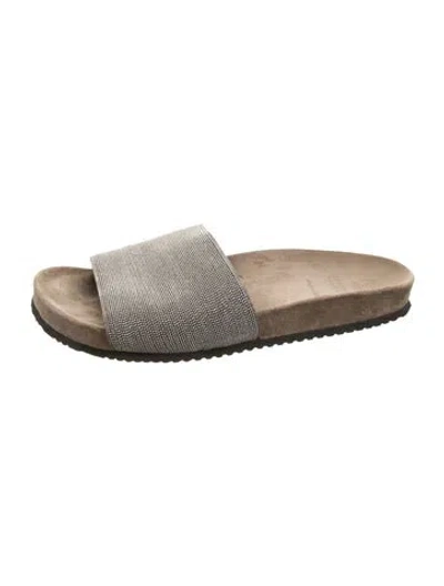 Pre-owned Brunello Cucinelli Suede Beaded Accents Slides In Metallic/silver